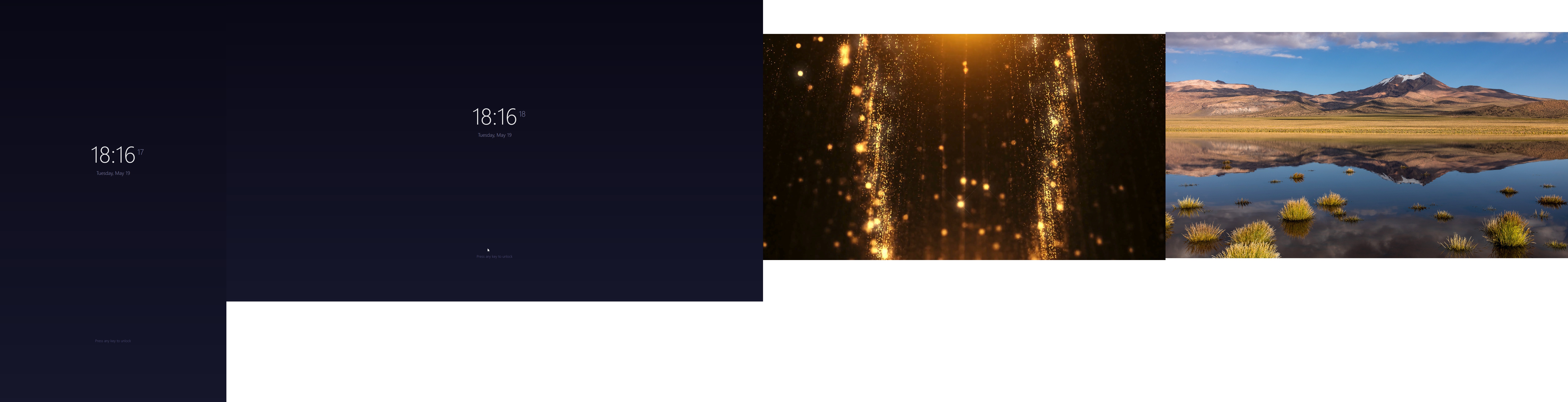 Same setup after locking — leftmost two screens show a clock lock overlay, the other two keep showing their content