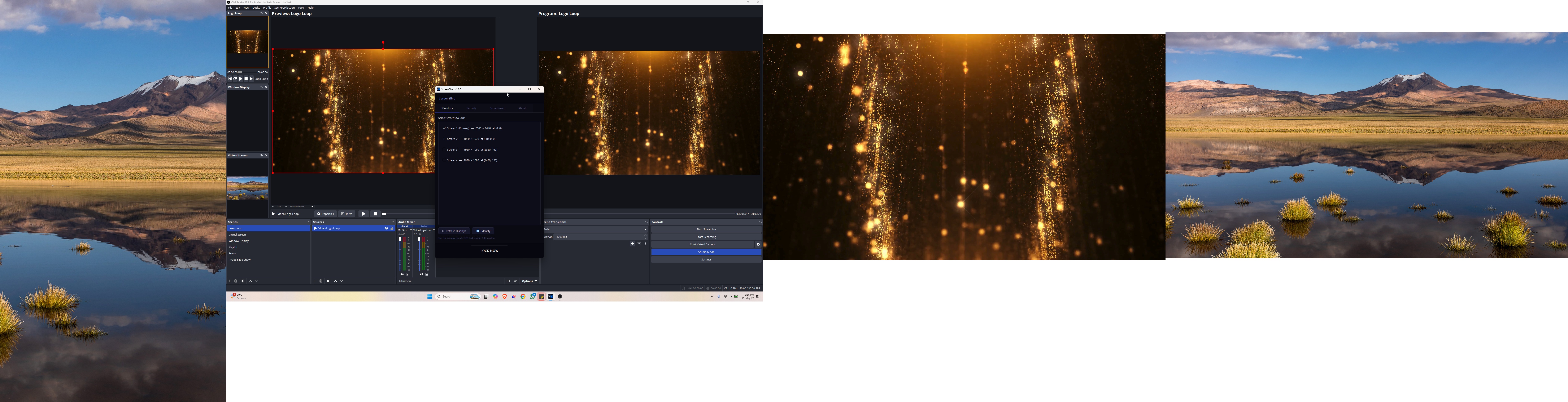 Four monitors visible before locking — desktop, OBS with ScreenBlind dialog, and two wallpapers