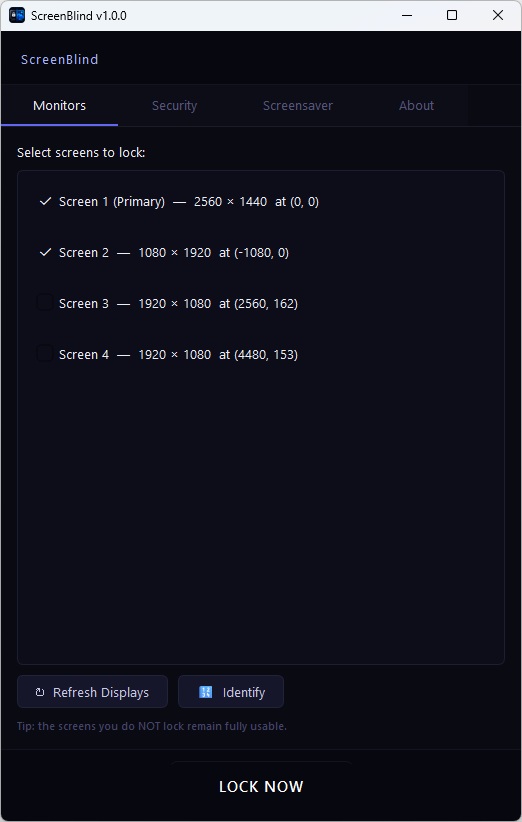 ScreenBlind main window — Monitors tab listing four detected displays with checkboxes
